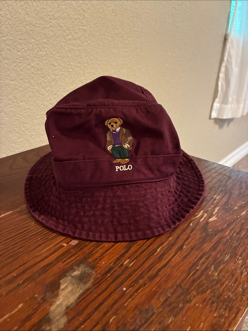 Polo by Ralph Lauren Burgundy Bucket Hat with Embroidered Bear